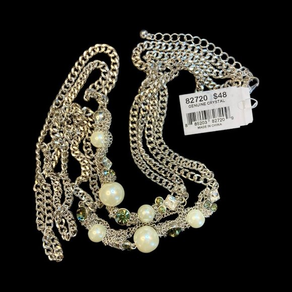 Vivi Silver-Tone Long Necklace Faux Pearls & Crystals -210 - Picture 2 of 2